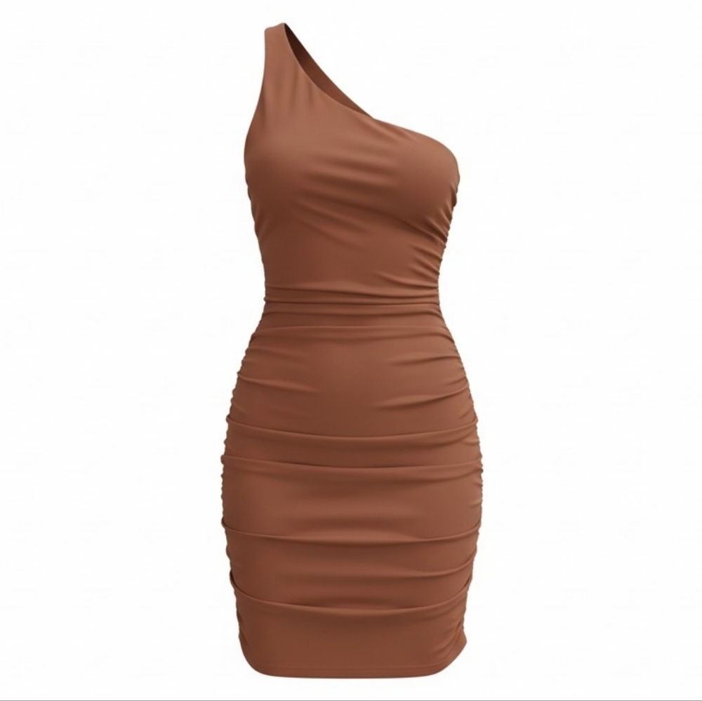 Fiestar Single Shoulder Ruched Brown Cocktail Dress In Size L